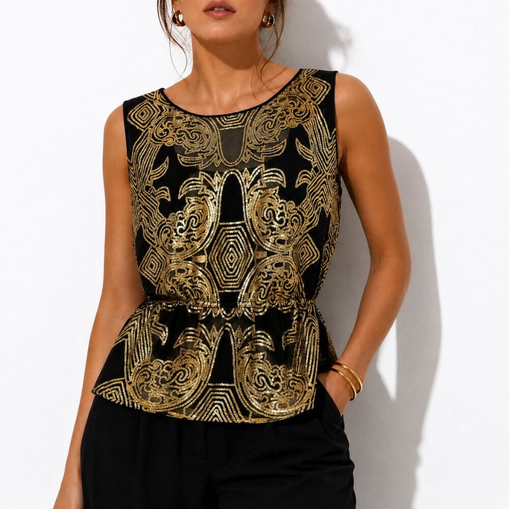 Eva Mendes NY&C Womens S Black Gold Sequin Peplum Top Sleeveless NWT Party Glam